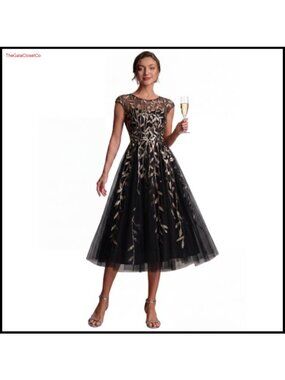 Sequin Tulle Midi Formal Dress Sheer Illusion Neckline A-Line